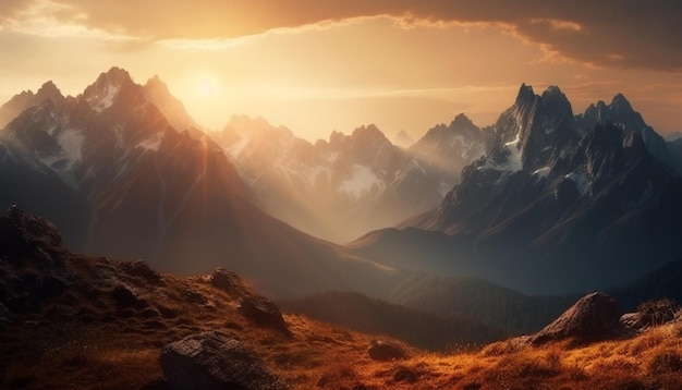 Majestic mountain peak back lit by sunrise generated by AI