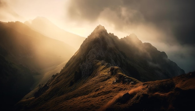 Majestic mountain peak back lit at dusk generated by AI