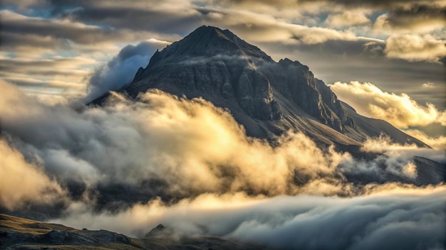 Free photo majestic mountain peak emerges from swirling clouds at dawn