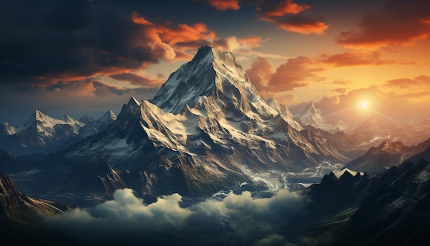 Majestic mountain peak panoramic sunset snow capped range beauty in nature generated by artificial intelligence