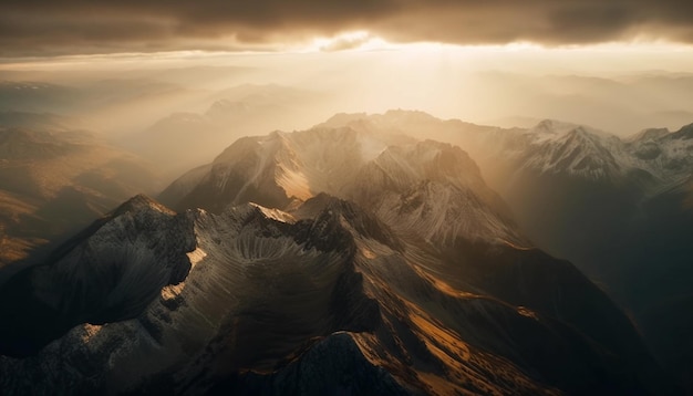 Majestic mountain peak pierces the foggy sky generated by AI