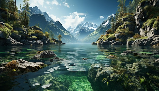 Majestic mountain peak reflects in tranquil water natural beauty generated by artificial intelligence