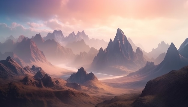 Majestic mountain range at dusk a breathtaking adventure in nature generated by AI