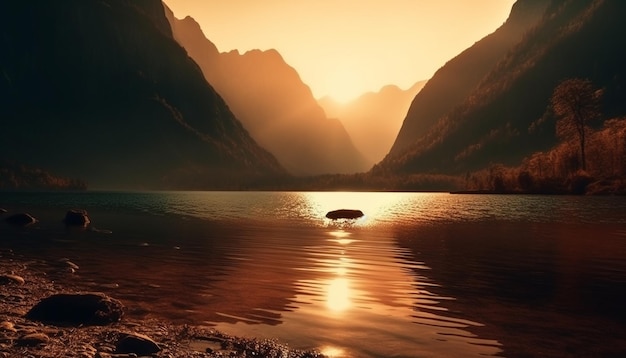 Free photo majestic mountain range reflects tranquil sunset scene generated by ai