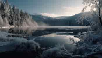 Free photo majestic mountain range reflects tranquil winter beauty generated by ai