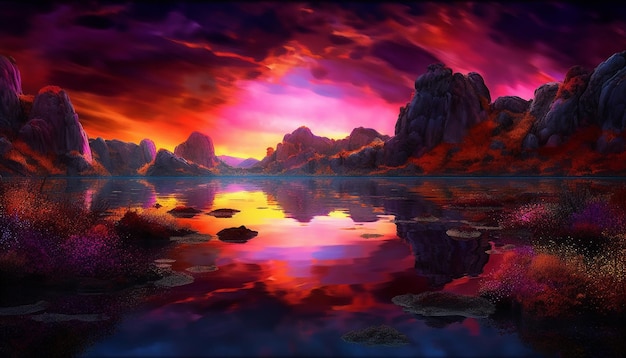 Majestic mountain range reflects vibrant colors at sunset generated by AI