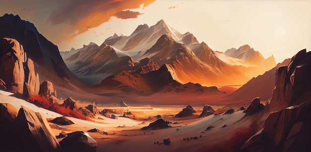 Majestic mountains cast silhouette against vibrant sunset generative AI