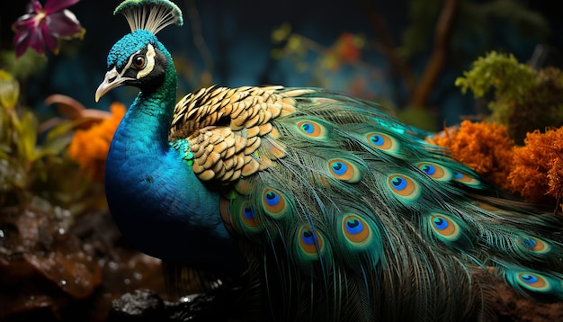 Majestic peacock displays vibrant elegance in nature beauty generated by artificial intelligence