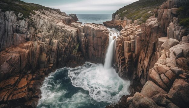 Majestic rock formation on cliff waters edge tranquil scene generated by AI