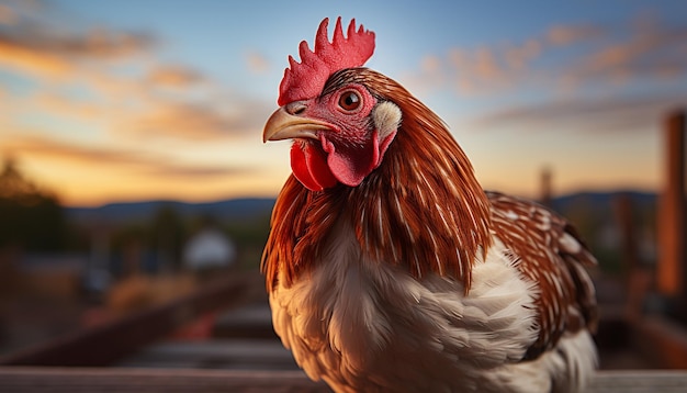 Free photo majestic rooster standing in meadow looking at camera generated by artificial intelligence