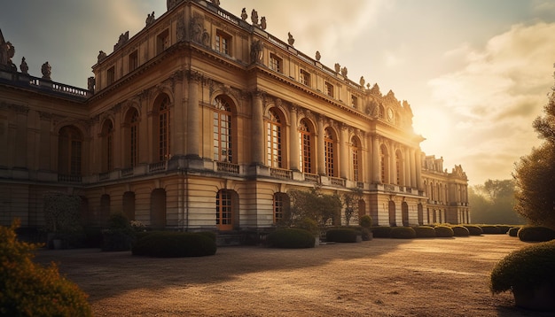 Majestic sandstone building illuminated at dusk generated by AI