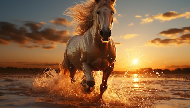 Free Photo a majestic stallion runs freely under the sunset golden glow generated by artificial intelligence