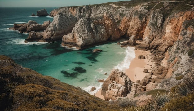 Majestic stone arch on turquoise waters edge generated by AI