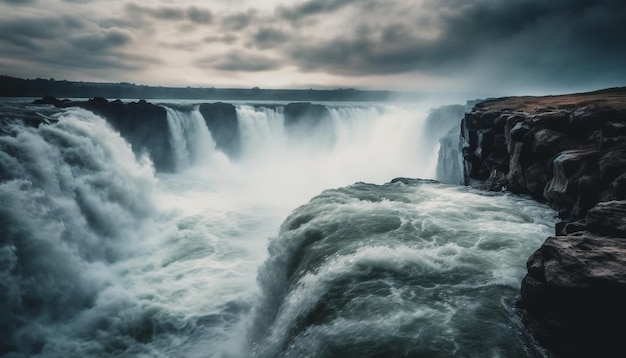 Free photo majestic waterfall flowing over rocky cliff edge generated by ai