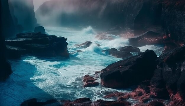 Majestic wave crashes against Big Sur cliff generated by AI