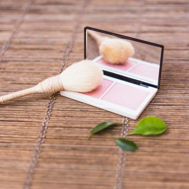 Makeup brush with pink blusher and leaves on placemat