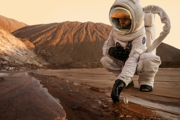 Male astronaut collecting a sample of water during a space mission on another planet