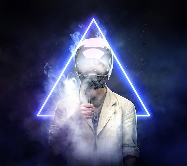 Male in astronaut space helmet smoking electronic cigarette over blue neon hipster triangle background.