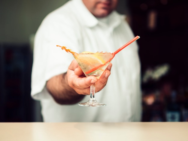 Male bartender serving cocktail in martini glass