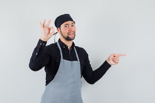 Male cook showing ok sign while pointing away in shirt, apron and looking glad , front view.