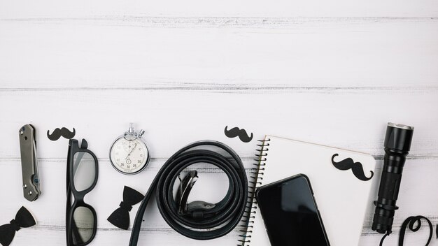 Male equipments and accessories on desk