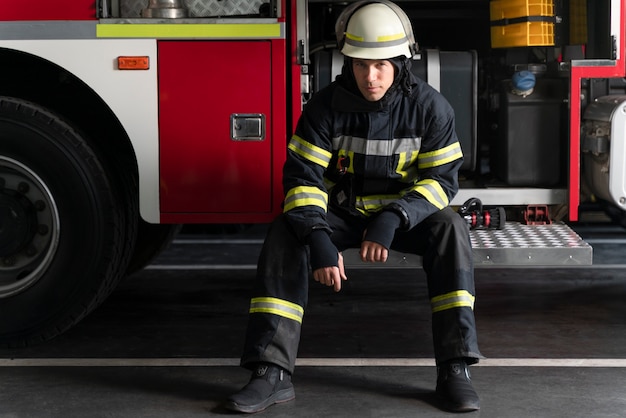 Male firefighter at station equipped with suit and safety helmet