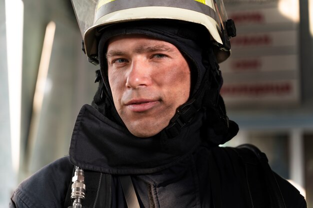 Male firefighter at station in suit and helmet