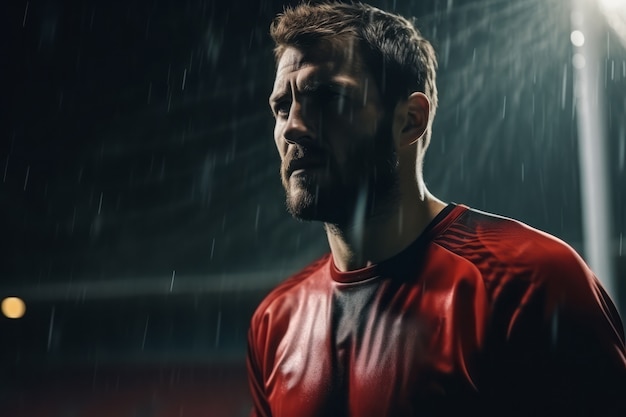 Free photo male football player on the field during rain