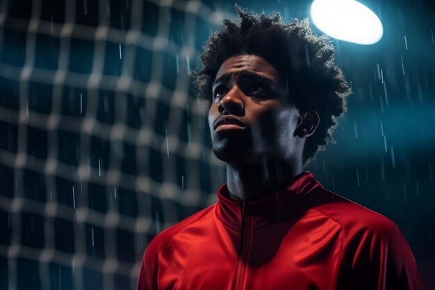 Male football player on the field during rain