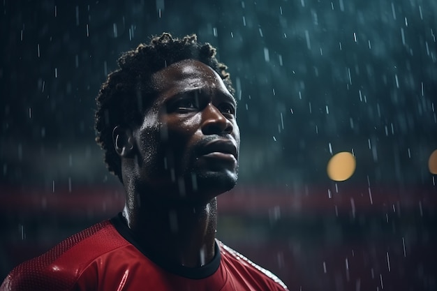 Male football player on the field during rain