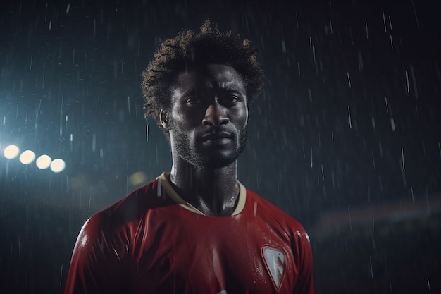 Male football player on the field during rain