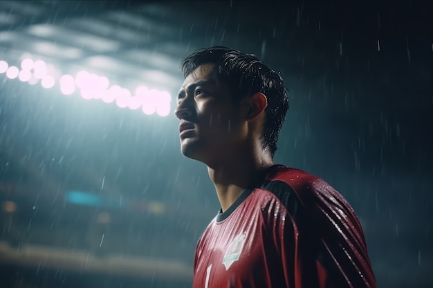 Male football player on the field during rain