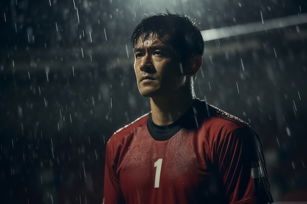 Male football player on the field during rain