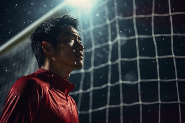 Male football player on the field during rain