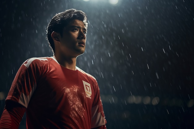 Male football player on the field during rain