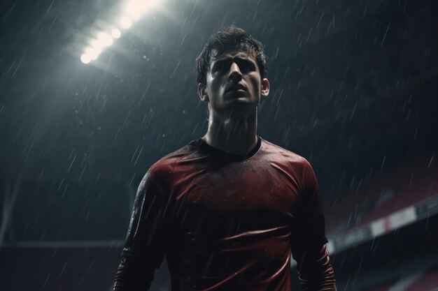 Male football player on the field during rain