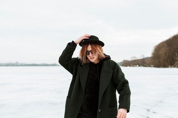 Male model posing in winter clothes