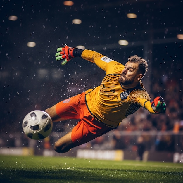 Male soccer player with ball on the grass field