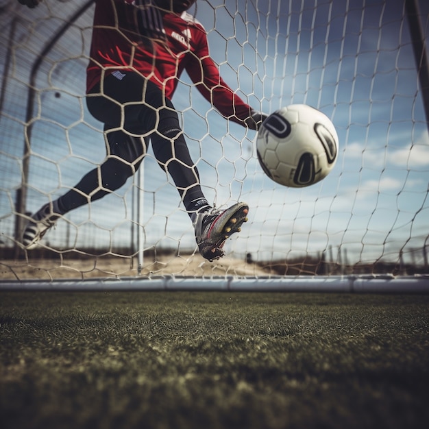 Male soccer player with ball on the grass field