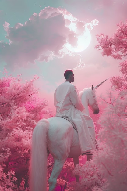 Man on beautiful unicorn in nature