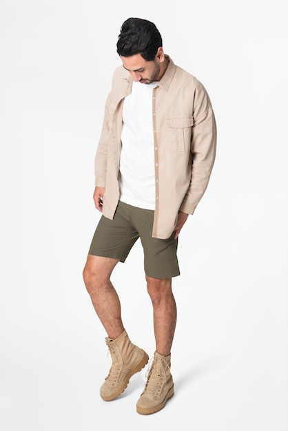 Man in beige jacket and shorts streetwear full body