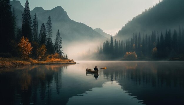 A man in a canoe is rowing on a lake with mountains in the background.