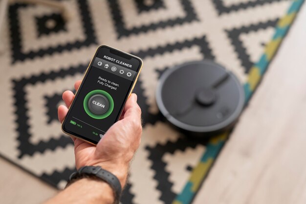 Free photo man controlling a robot vacuum with his phone