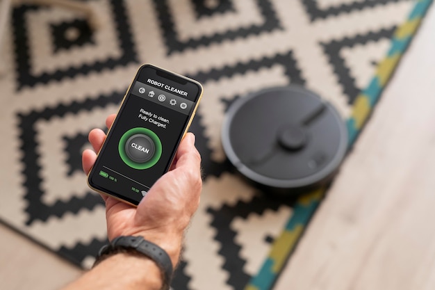 Free Photo man controlling a robot vacuum with his phone