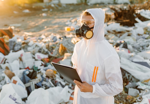 Man in coveralls at trash pill. Doing research. Concept of ecology, environmental pollution.