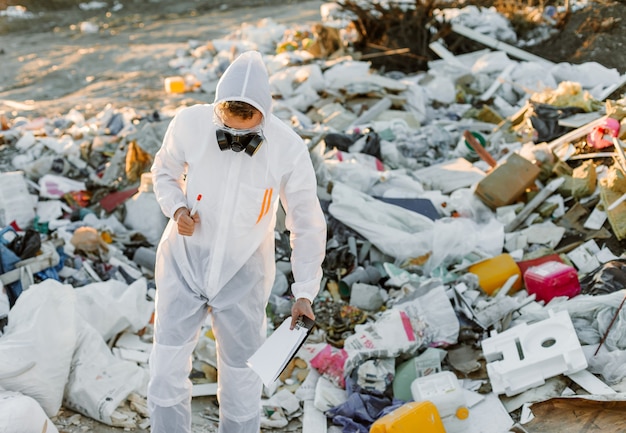 Free photo man in coveralls at trash pill, doing research