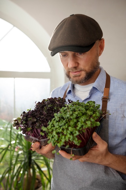 Free photo man cultivating and farming edible plants indoors