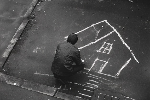 Man drawing a house with chalk on the floor