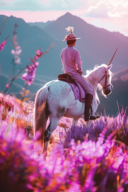 Free Photo man on dreamy unicorn in nature