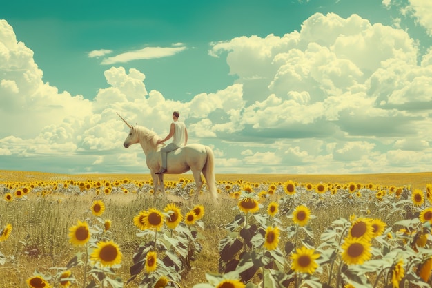 Free Photo man on dreamy unicorn in nature